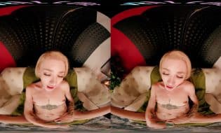 Slim inked blonde indulges in virtual reality pleasure with her collection of toys